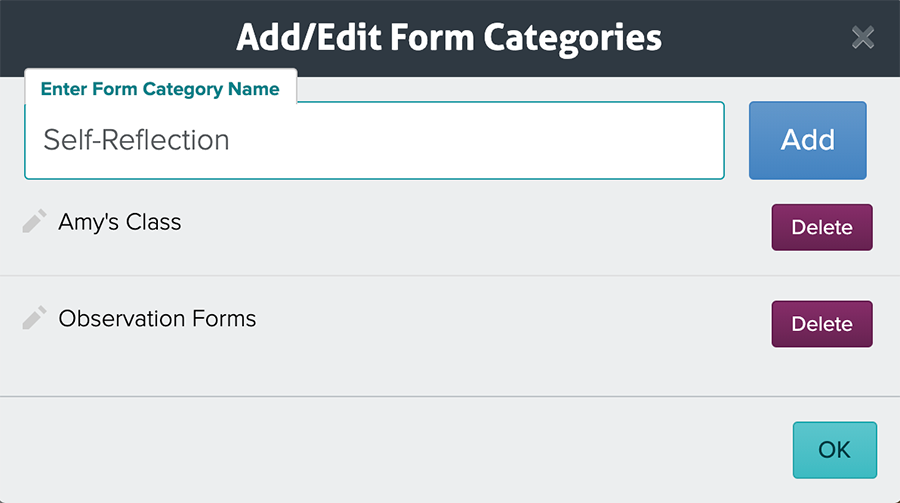 Manage Form Categories Modal Manage Form Categories Modal